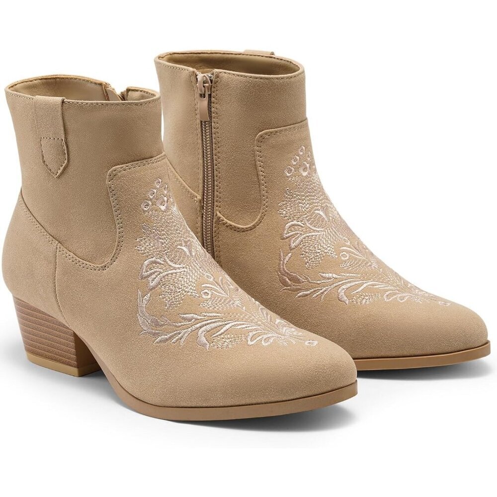 Women's Tan Classic Ankle Boots Low Block Heels Suede Chunky Fashion Booties - Picture 5 of 9